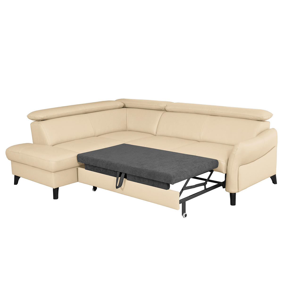 ECKSOFA Beige Echtleder Lederlook  - Beige/Schwarz, Design, Leder/Holz (199/244cm) - Livetastic