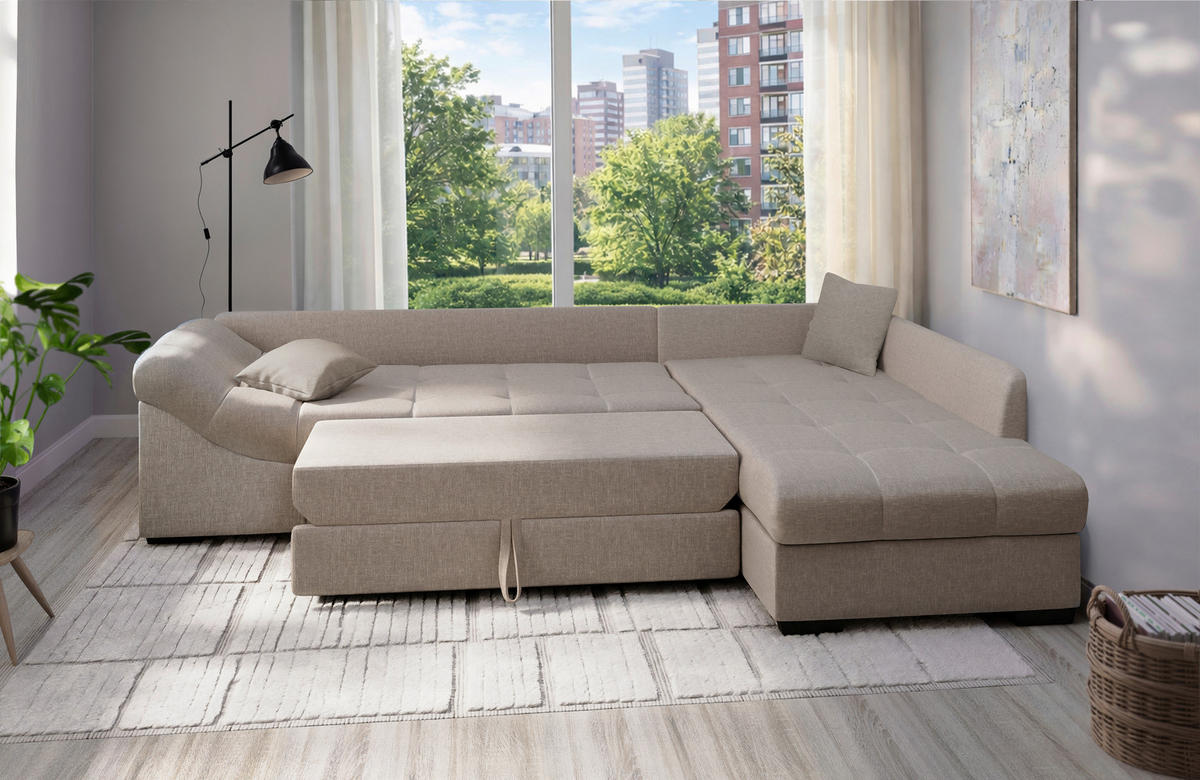 ECKSCHLAFSOFA in Taupe Textil   - Taupe/Schwarz, Modern, Holz/Textil (298/202cm) - MID.YOU