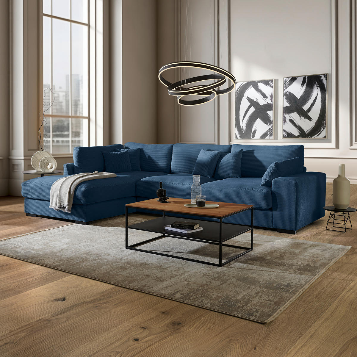 ECKSOFA in Cord Dunkelblau  - Schwarz/Dunkelblau, Design, Kunststoff/Textil (205/340cm) - Lomoco