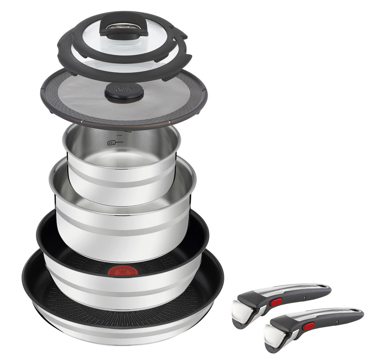 PFANNENSET Jamie Oliver INGENIO G6 9-teilig  - Edelstahlfarben/Schwarz, KONVENTIONELL, Glas/Metall (37/37/19,5cm) - Tefal