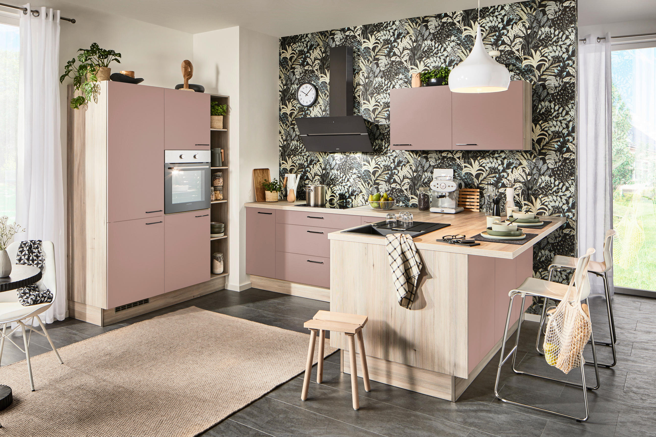 ECKKÜCHE  in Rosa, Tannenholzfarben  - Tannenholzfarben/Schwarz, Design, Holzwerkstoff/Metall (150/280/121,6cm) - Xora