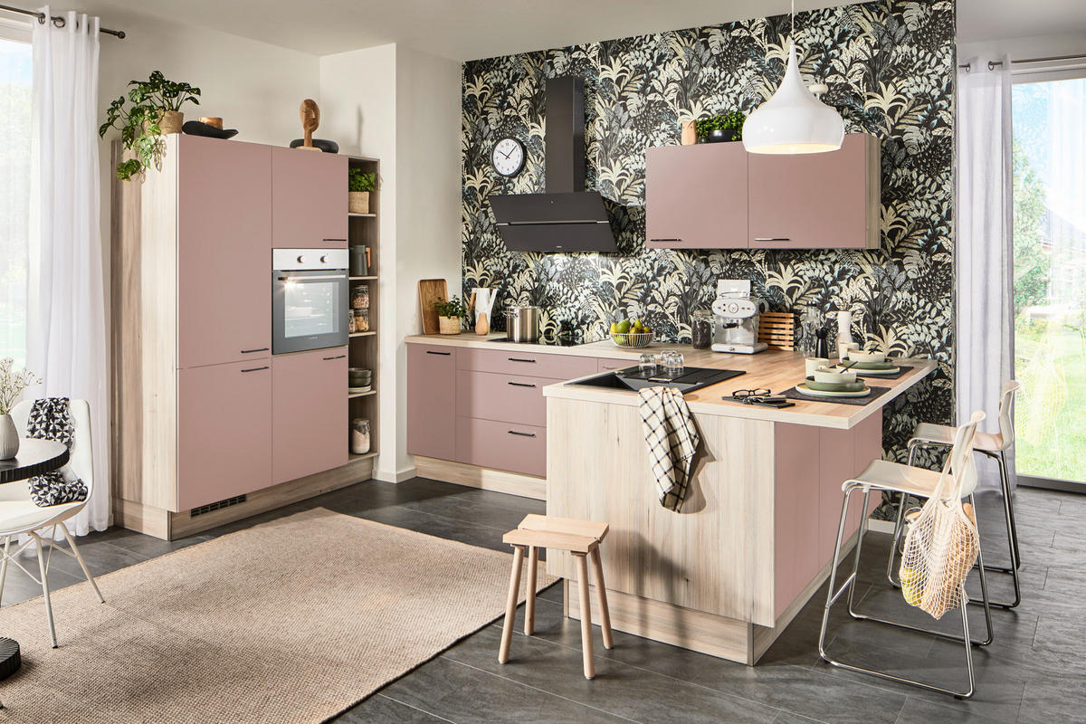 ECKKÜCHE  in Rosa, Tannenholzfarben  - Tannenholzfarben/Schwarz, Design, Holzwerkstoff/Metall (150/280/121,6cm) - Xora