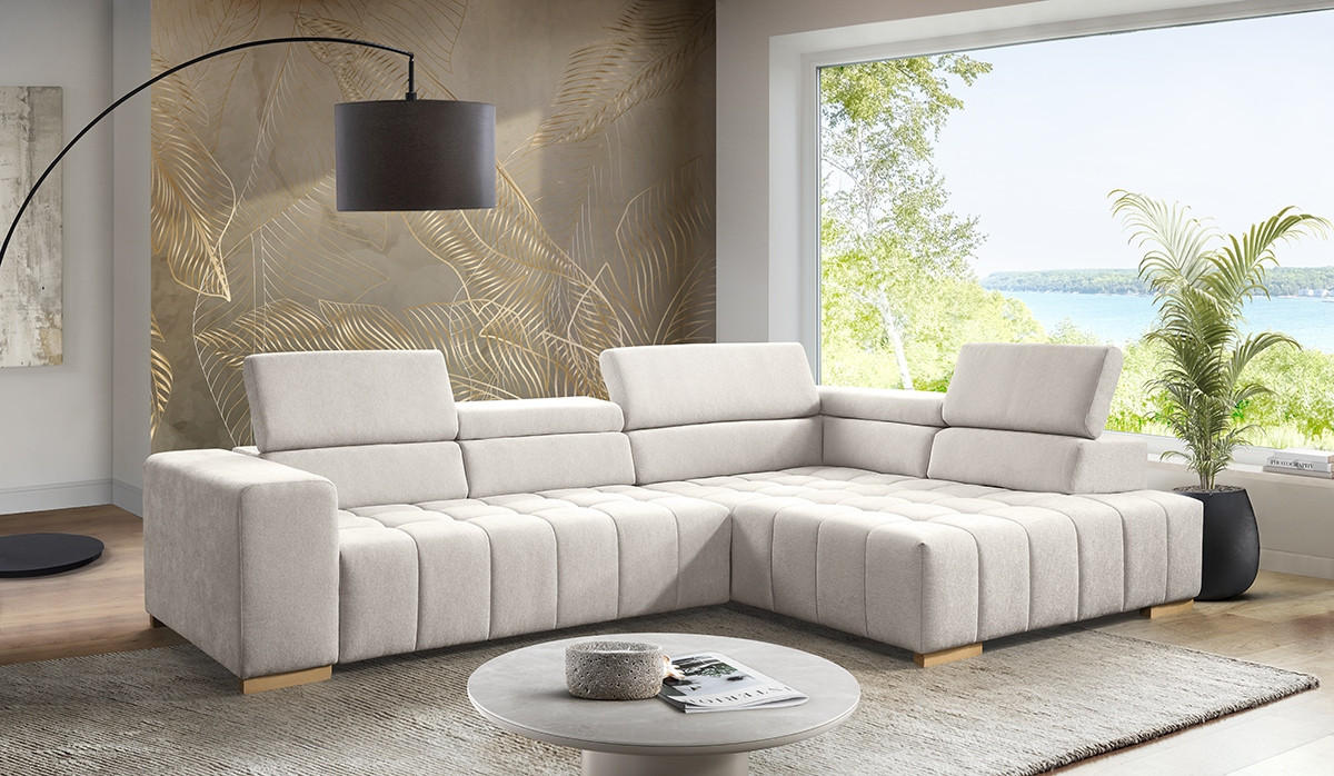 ECKSOFA in Chenille Creme  - Creme/Naturfarben, Design, Holz/Textil (307/201cm) - Livetastic