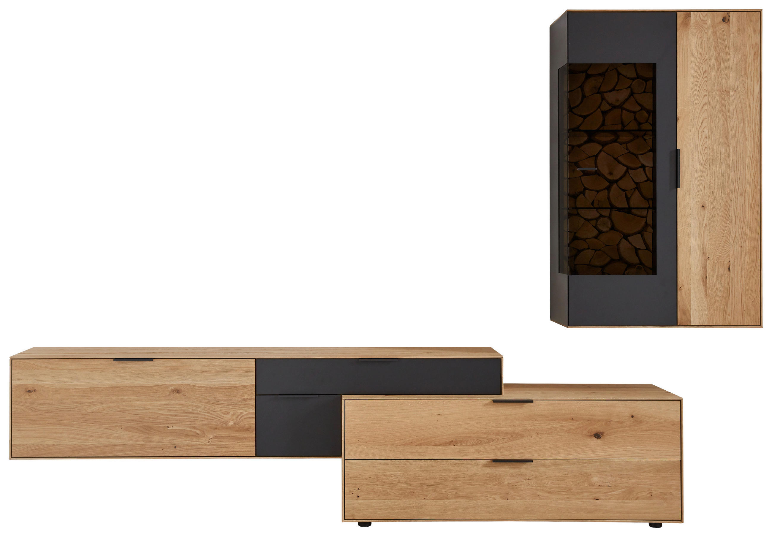 WOHNWAND 3-teilig  in Schwarz, Eichefarben  306,2/209,8/45,2 cm  - Eichefarben/Schwarz, Design, Glas/Holz (306,2/209,8/45,2cm) - Valdera