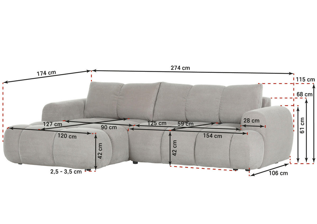 ECKSOFA in Flachgewebe Greige  - Greige/Schwarz, Konventionell, Kunststoff/Textil (174/274cm) - Carryhome
