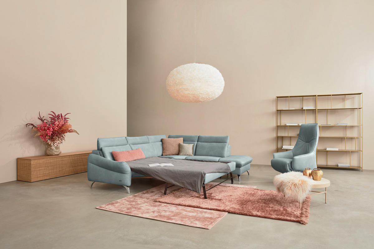 ECKSOFA in Echtleder Hellblau  - Edelstahlfarben/Hellblau, Konventionell, Leder/Metall (296/242cm) - Himolla Komfortklass