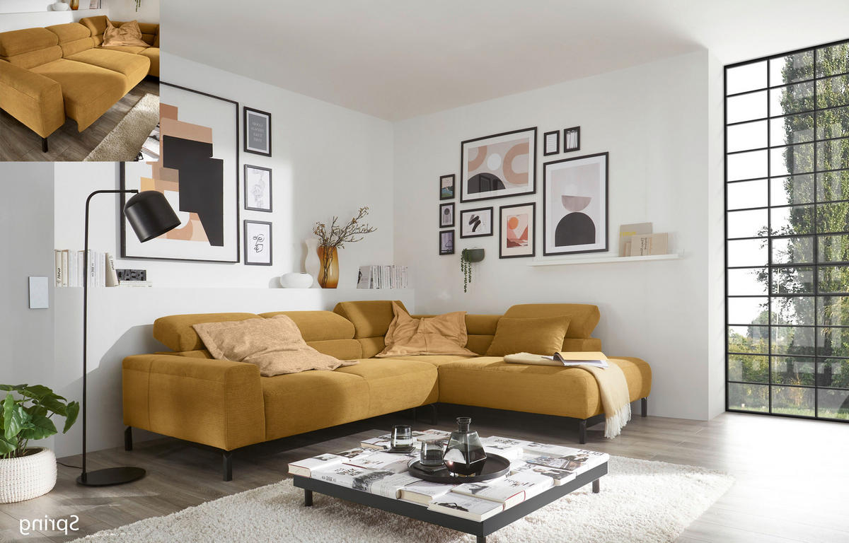 ECKSOFA Feincord Gelb  - Gelb/Schwarz, Design, Textil/Metall (273/219cm) - Pure Home Comfort