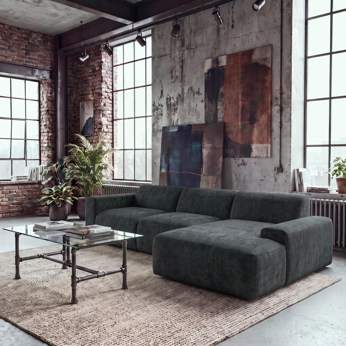 ECKSOFA HANNAH Schwarz Cord  - Schwarz, Design, Kunststoff/Textil (343/170cm) - MID.YOU