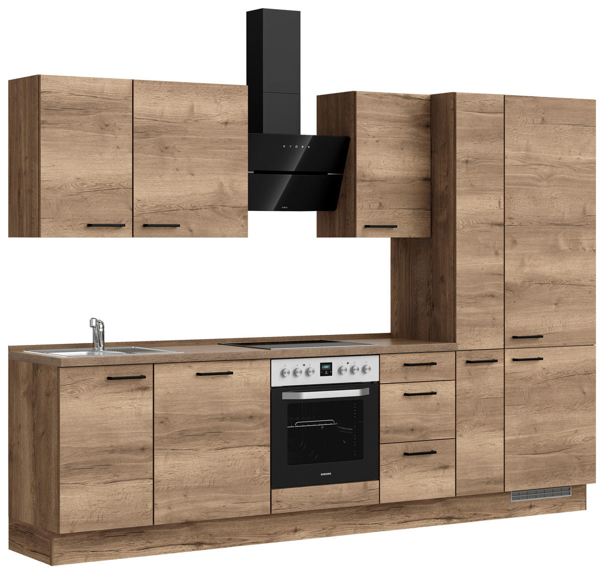 Bucătărie Fără Electrocasnice  - stejar închis la culoare/negru, Modern, metal/material pe bază de lemn (300cm) - Nobilia