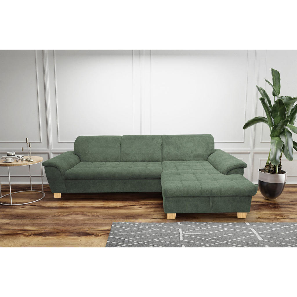 Thumbnail - Mid.you Ecksofa, Grün, Textil, Eiche, Uni, 3-Sitzer, Ottomane rechts, L-Form, 279x162 cm, Made in EU, FSC Mix, Rücken ec...