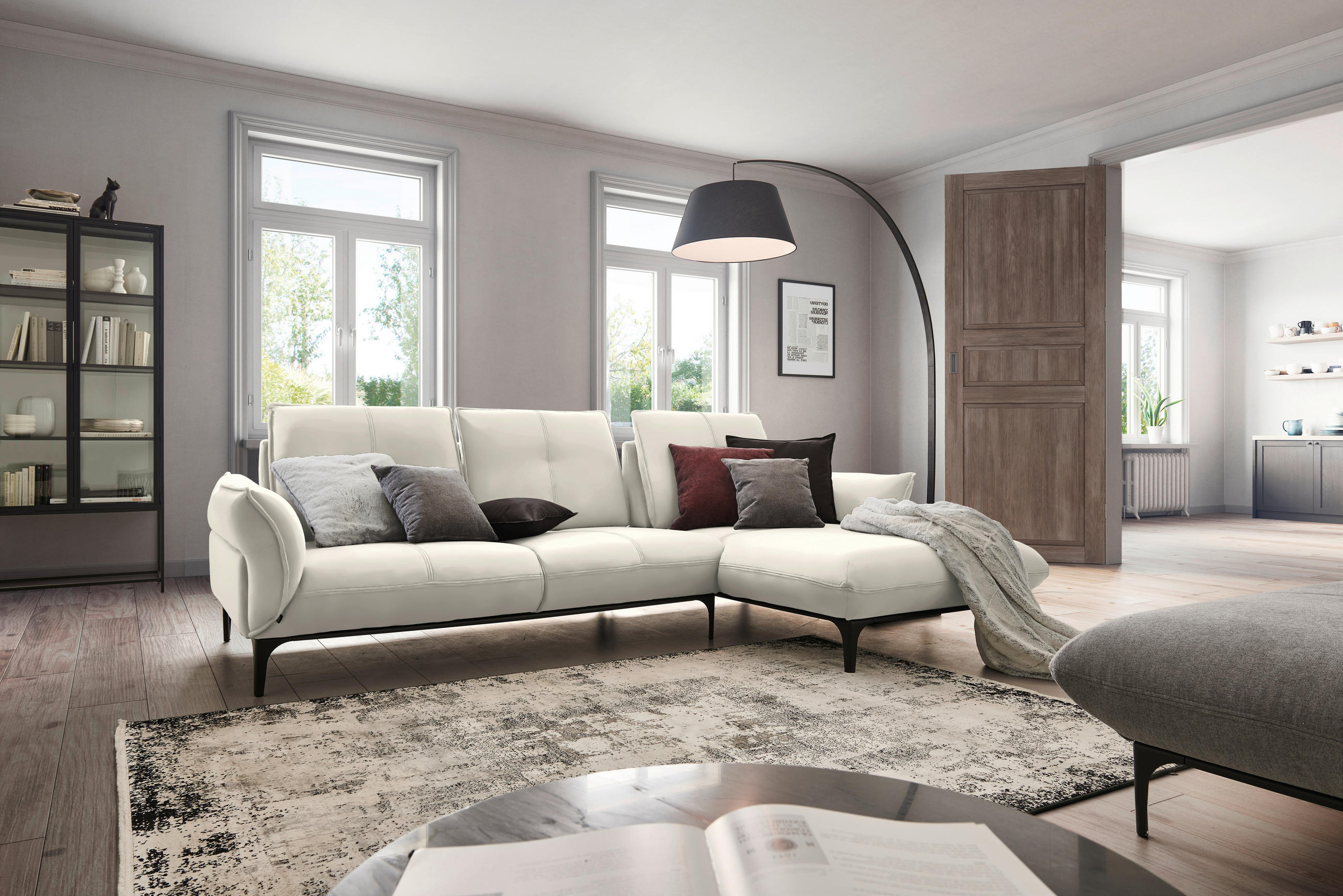 ECKSOFA in Echtleder Weiss  - Weiss/Schwarz, Natur, Leder (277/182cm) - Valnatura