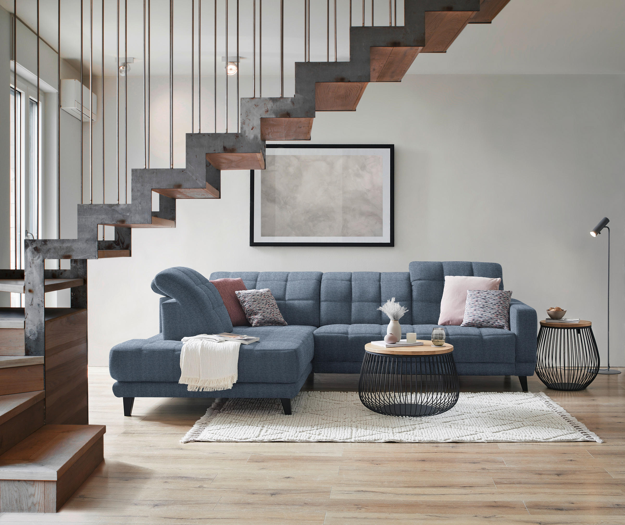 ECKSOFA in Webstoff Blau  216/302 cm  - Blau/Schwarz, Design, Textil/Metall (216/302cm) - Xora