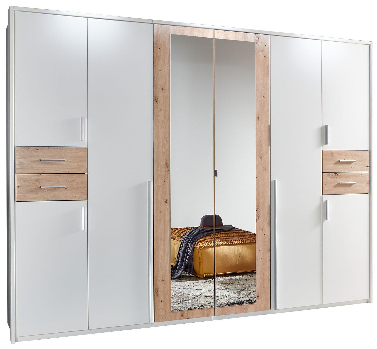 KLEIDERSCHRANK 8-türig Weiß, Eiche Artisan - Silberfarben/Weiß, Basics, Holzwerkstoff/Kunststoff (270/208/58cm) - MID.YOU