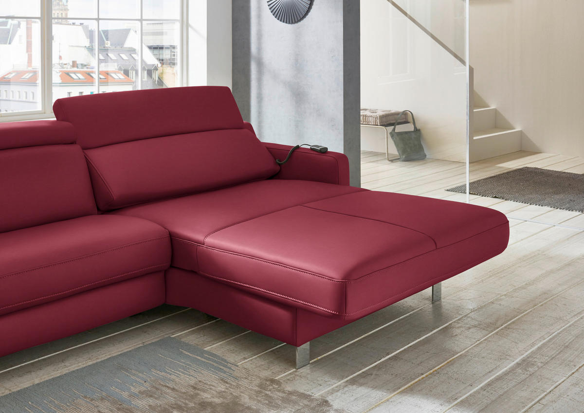 ECKSOFA Echtleder Bordeaux  - Chromfarben/Bordeaux, Design, Leder/Metall (291/176cm) - Valdera