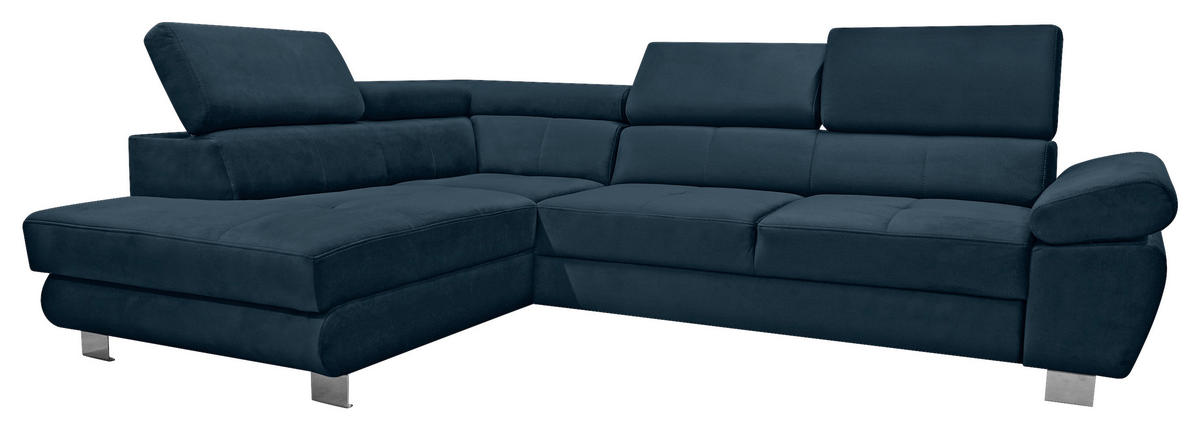 ECKSOFA Dunkelblau Webstoff Bettkasten, Schlaffunktion, Rücken echt, Armteilverstellung, Kopfteilverstellung  - Chromfarben/Dunkelblau, MODERN, Textil/Metall (205/278cm) - Stylife