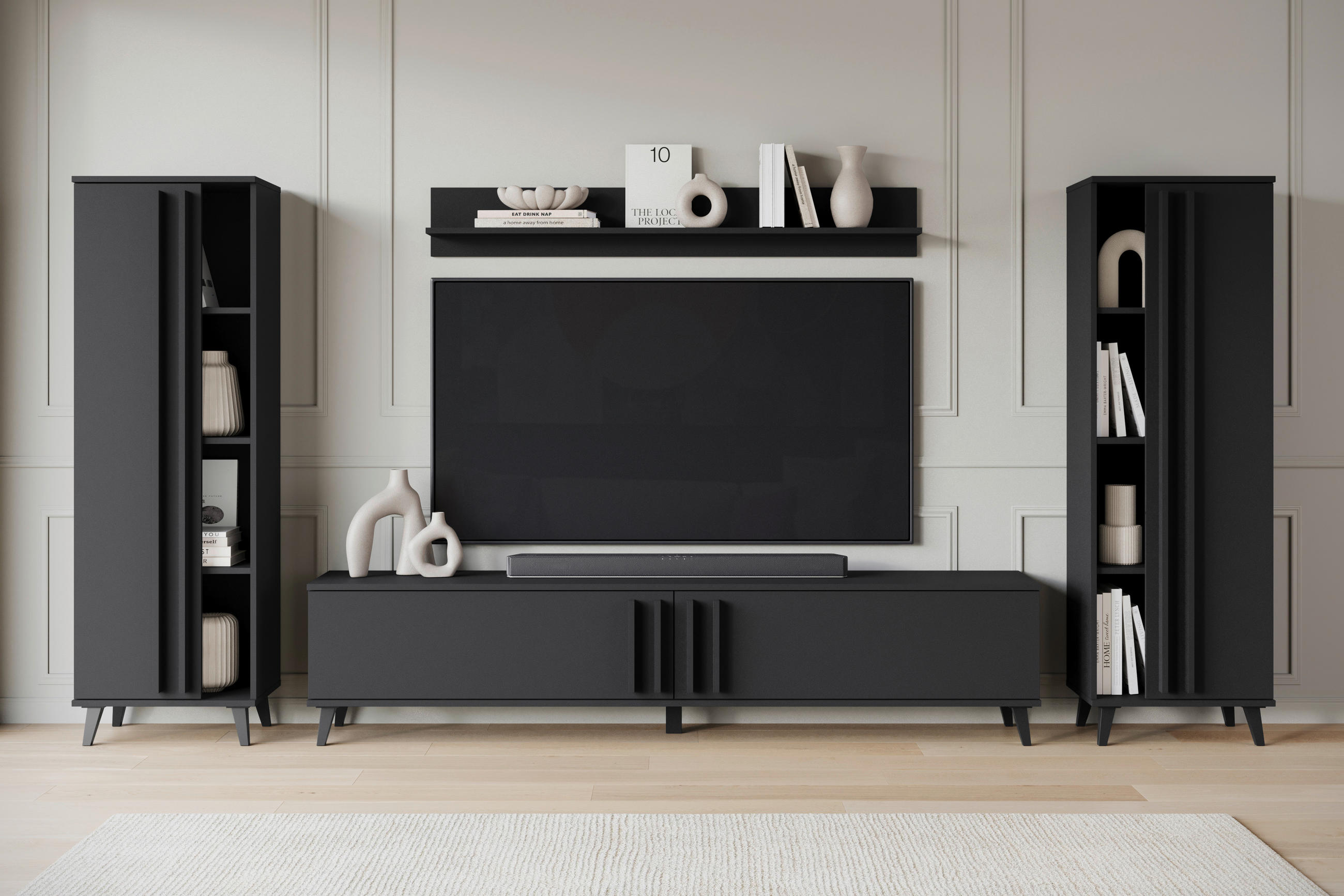 OBÝVACÍ STĚNA, černá - černá, Trend, kompozitní dřevo/plast (270/140/33cm)
