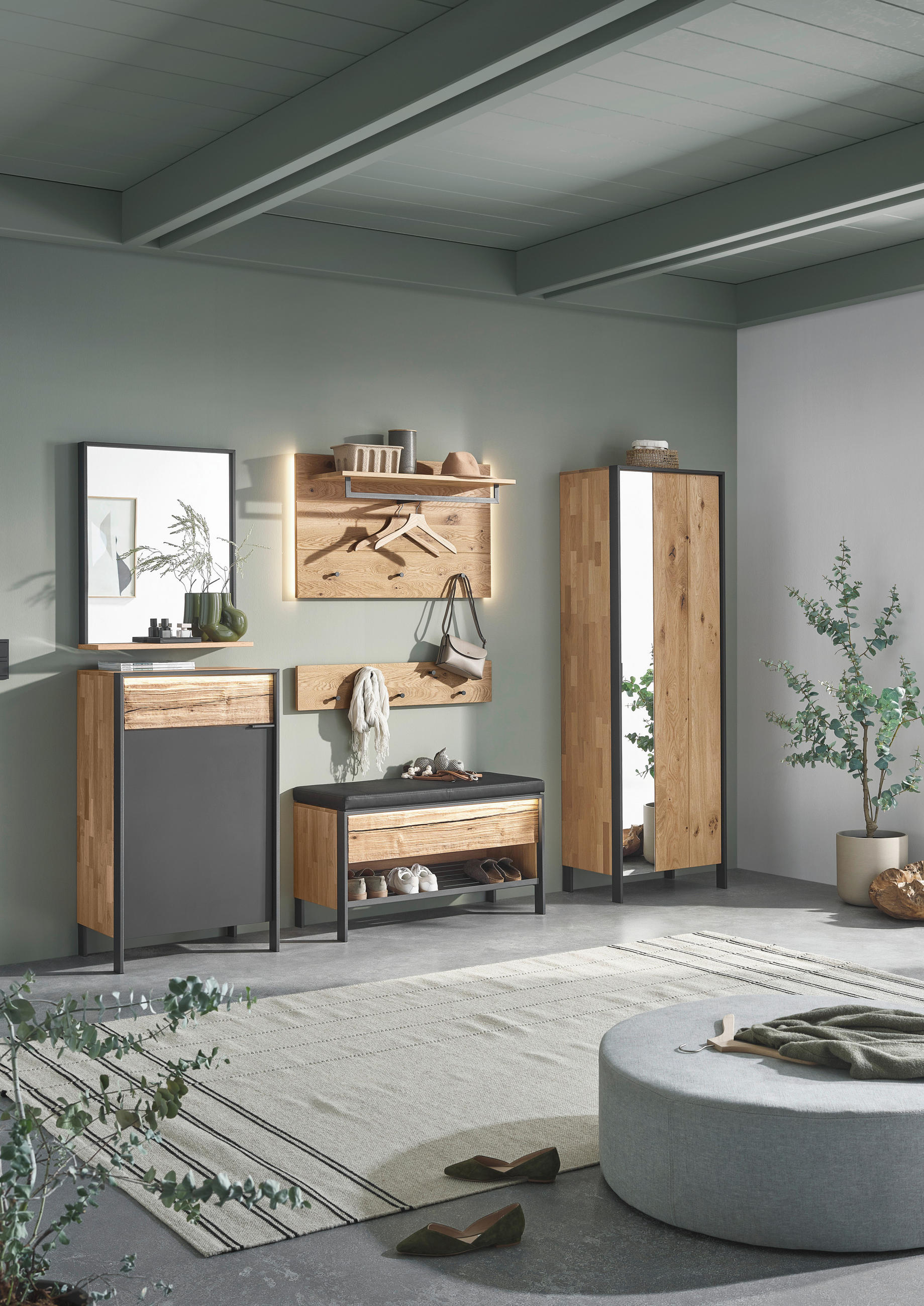 Thumbnail - Valdera Schuhschrank, Graphit, Eiche, Holz, Wildeiche, massiv, 3 Fächer, 1 Schublade(n) Schubladen, 65x110.8x44.3 cm, Go...