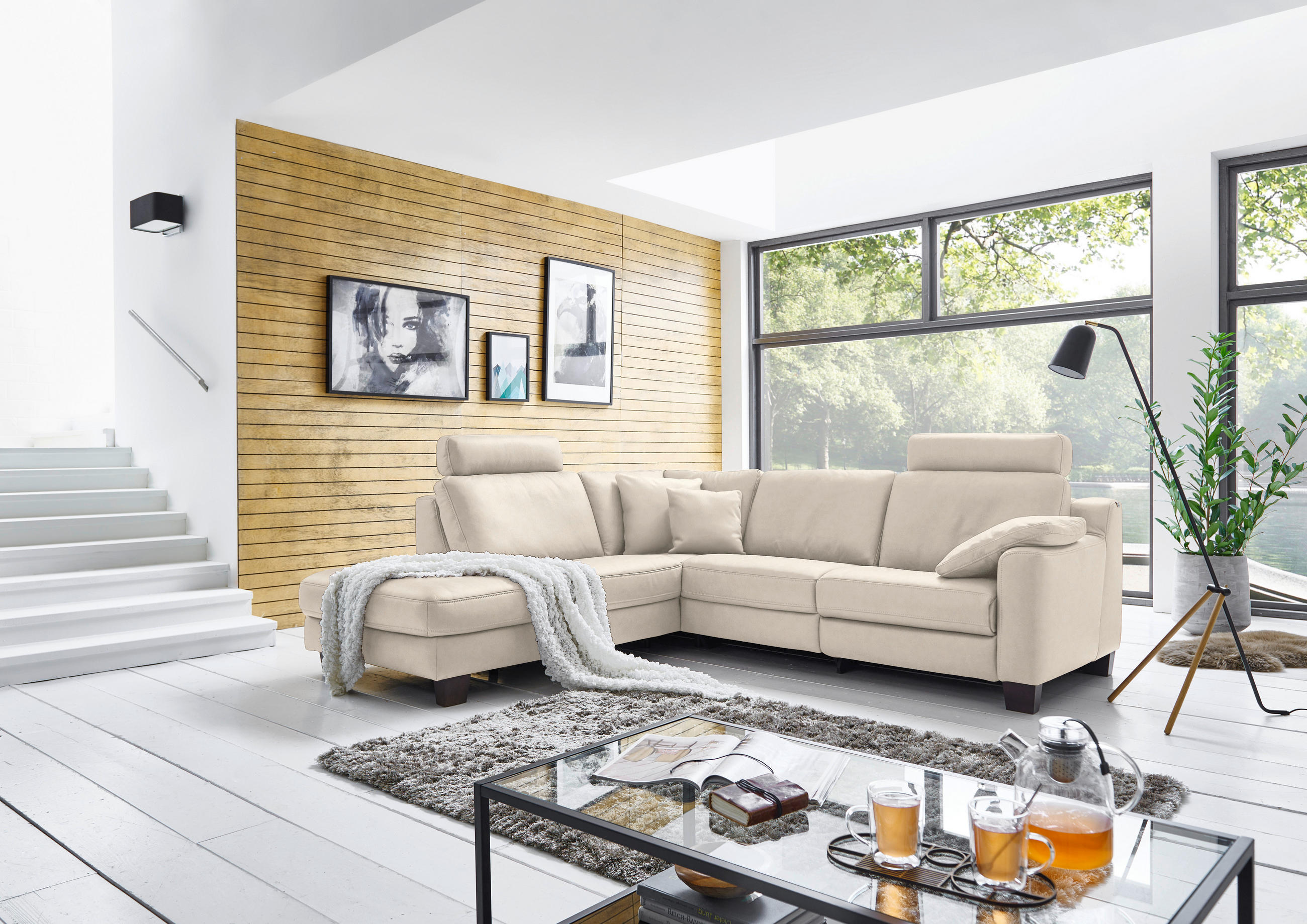 ECKSOFA in Echtleder Greige  235/259 cm  - Greige/Eichefarben, Design, Leder/Holz (235/259cm) - Valdera