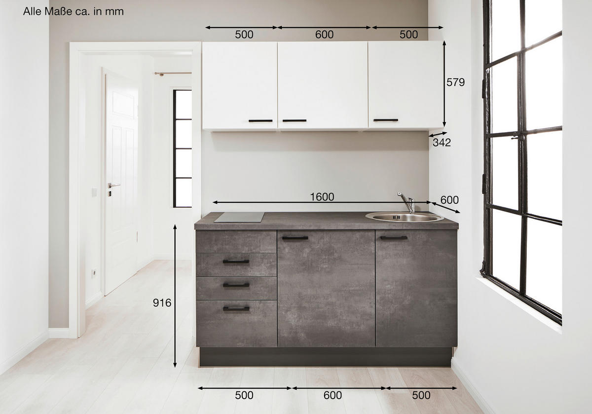 KÜCHENBLOCK 160 cm   in Graphitfarben, Weiß  - Schwarz/Graphitfarben, Design, Holzwerkstoff/Metall (160cm) - Pino