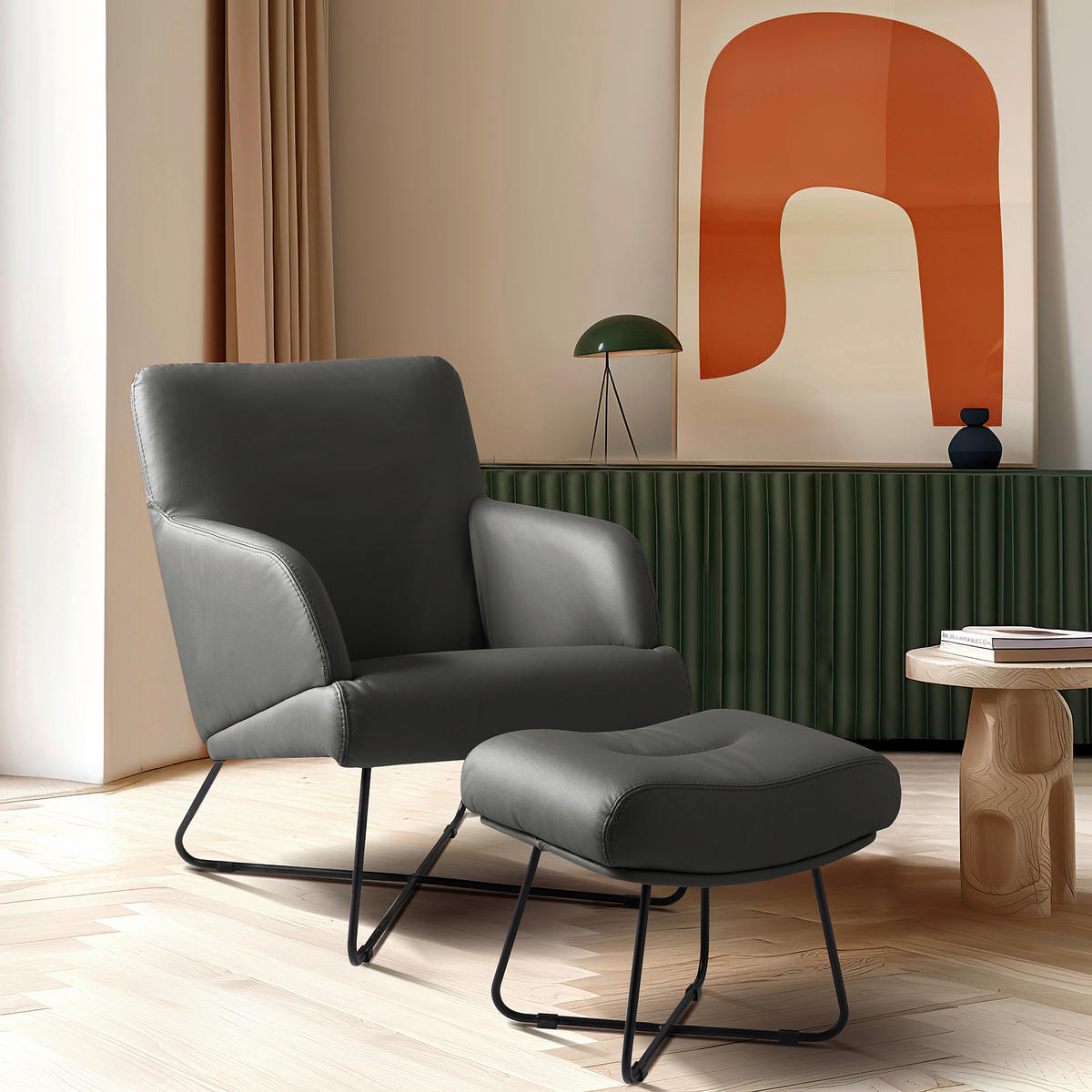 SESSEL in Echtleder Anthrazit  - Anthrazit/Schwarz, Design, Leder/Metall (67/87/74cm) - Livetastic