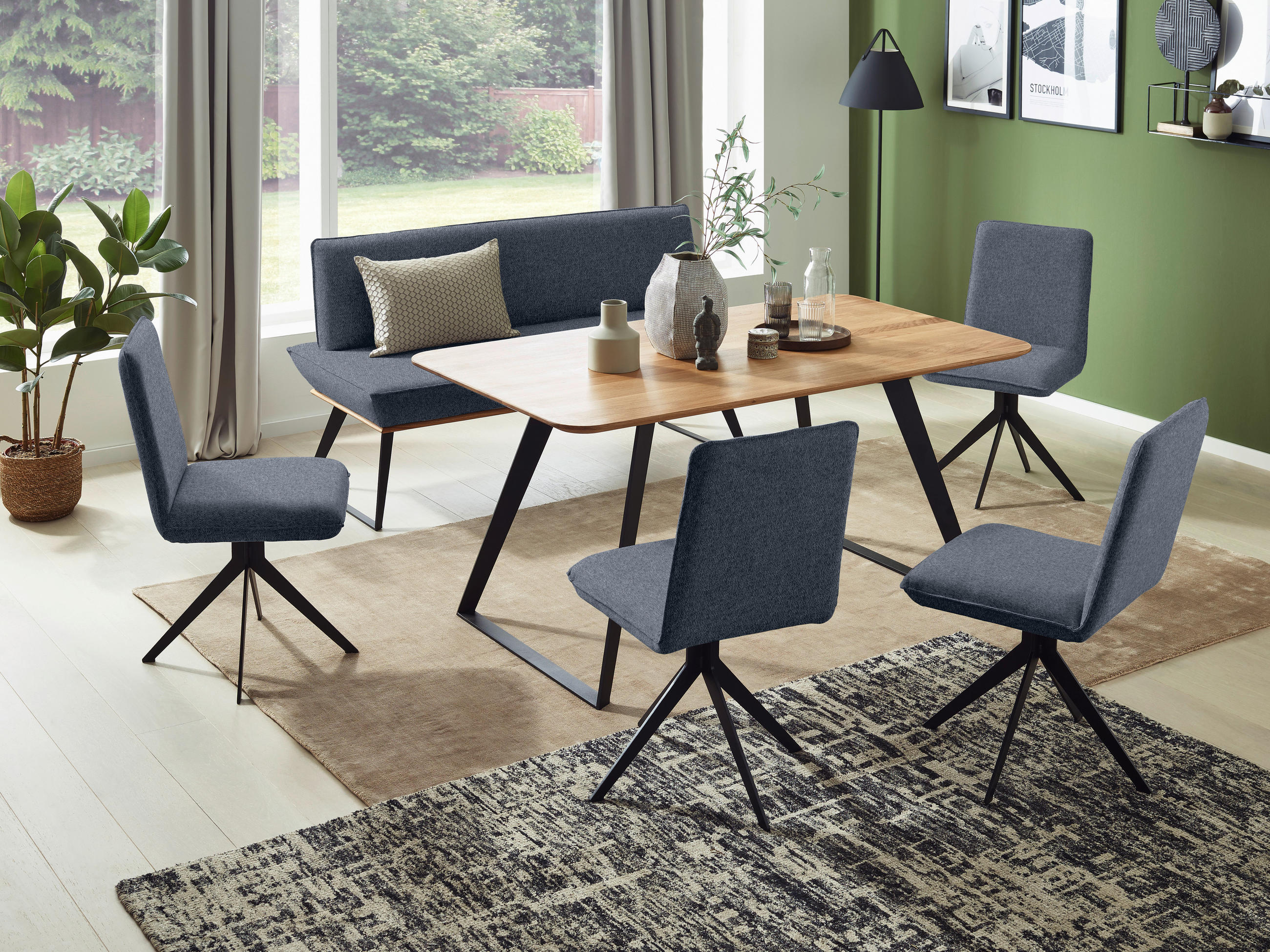 SITZBANK 180/87/64 cm Webstoff Anthrazit, Schwarz, Eichefarben Eiche massiv Metall  - Eichefarben/Anthrazit, Design, Holz/Textil (180/87/64cm) - Voleo