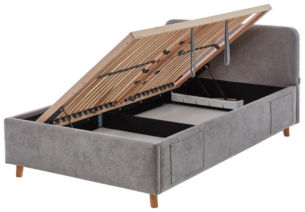POLSTERBETT 120/200 cm,  in Grau, Eichefarben, Lattenrost, Bettkasten, Betttasche,  - Eichefarben/Birkefarben, KONVENTIONELL, Holz/Textil (120/200cm) - Boxxx