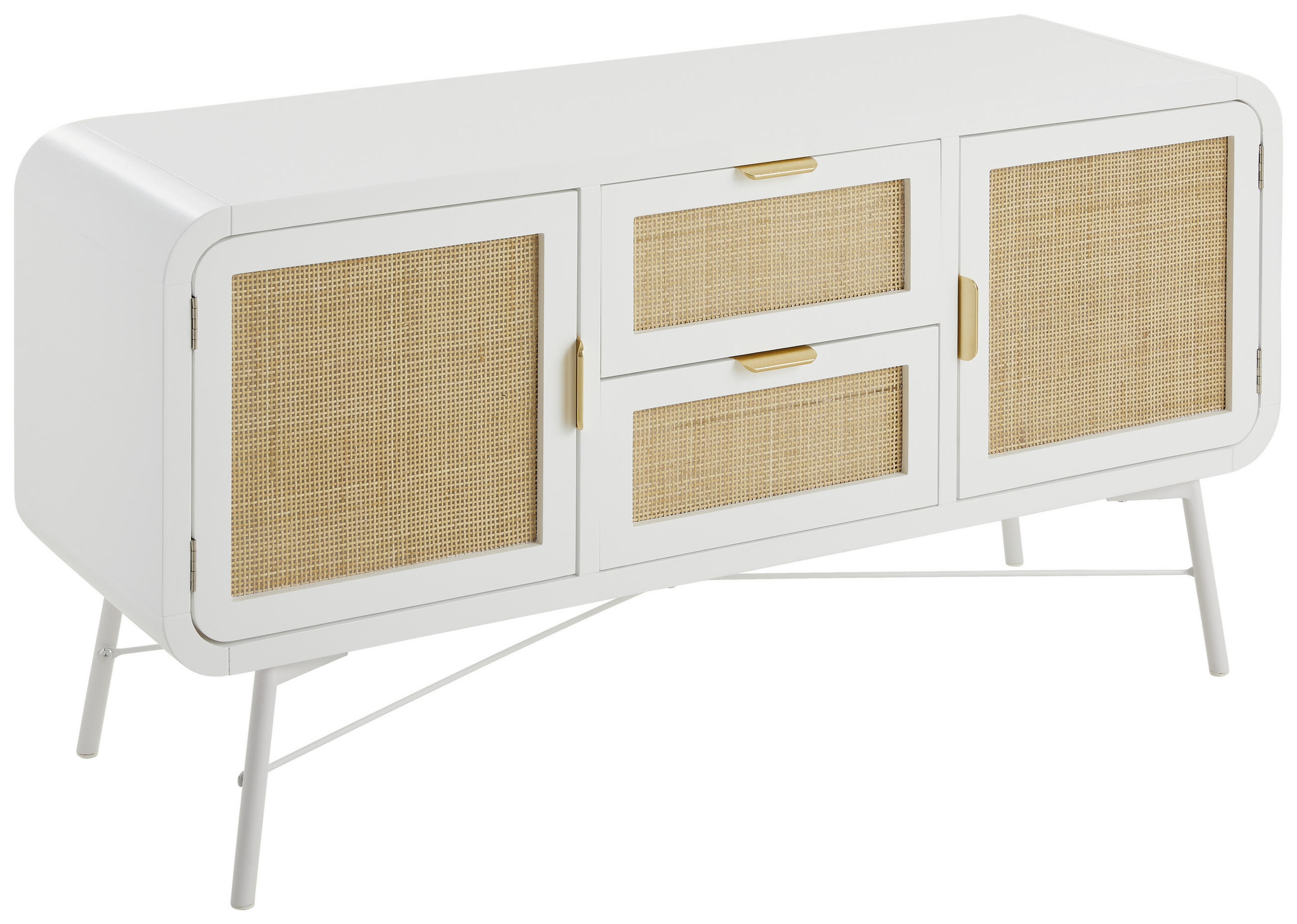 LOWBOARD Kiefer, Rattan massiv Naturfarben, Weiß - Goldfarben/Naturfarben, MODERN, Holz/Metall (120/60/37,5cm) - Livetastic
