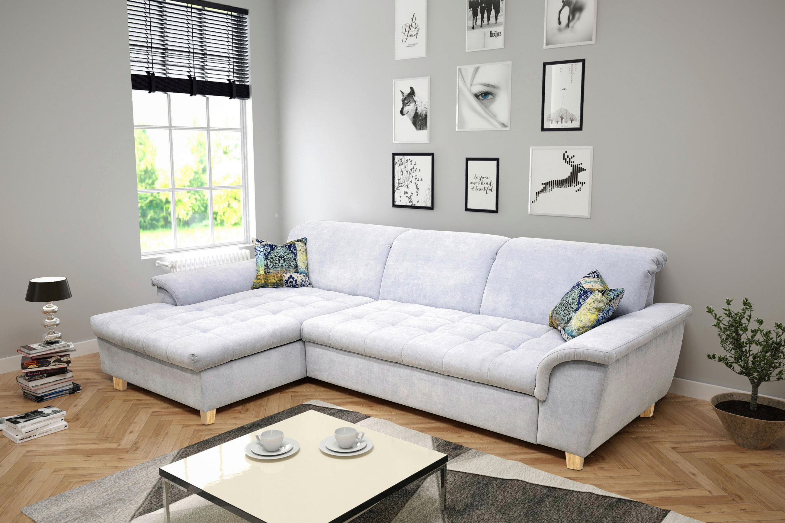 Thumbnail - Mid.you Ecksofa, Pastellblau, Textil, Eiche, Uni, 3-Sitzer, Ottomane links, L-Form, 279x170 cm, Made in EU, FSC Mix, Rüc...