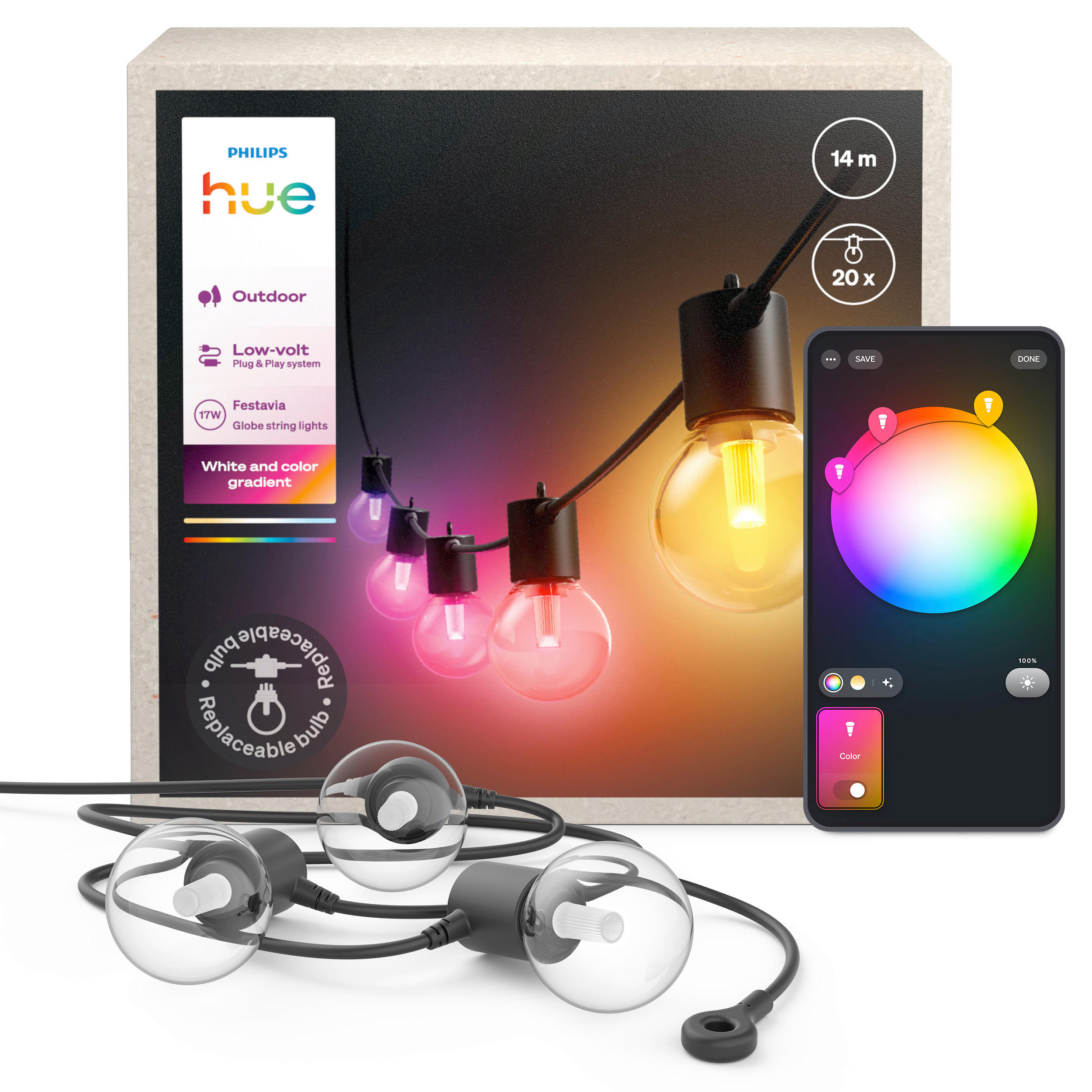 LICHTERKETTE - Schwarz, Basics, Kunststoff (1400/0/0cm) - Philips HUE