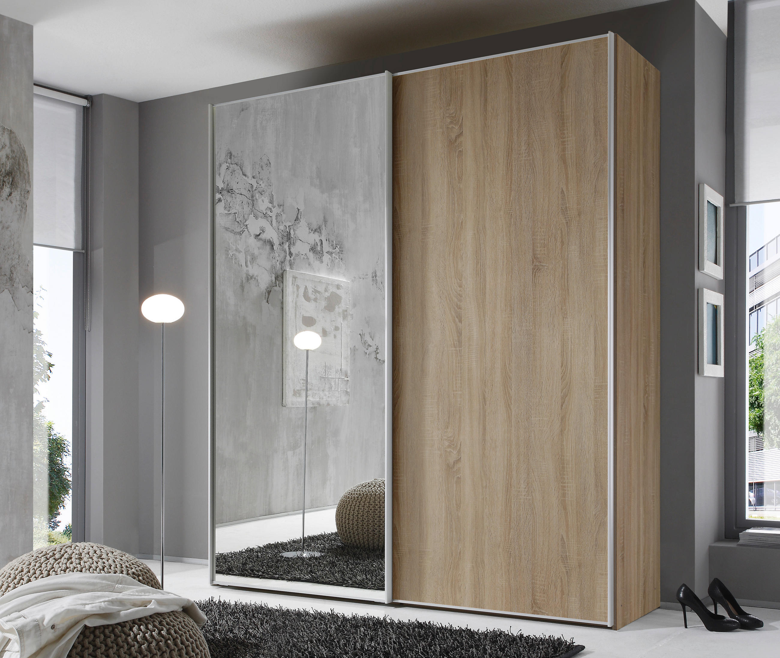SCHWEBETÜRENSCHRANK in Sonoma Eiche  - Alufarben/Sonoma Eiche, Design, Glas/Holzwerkstoff (167/222/68cm) - Moderano