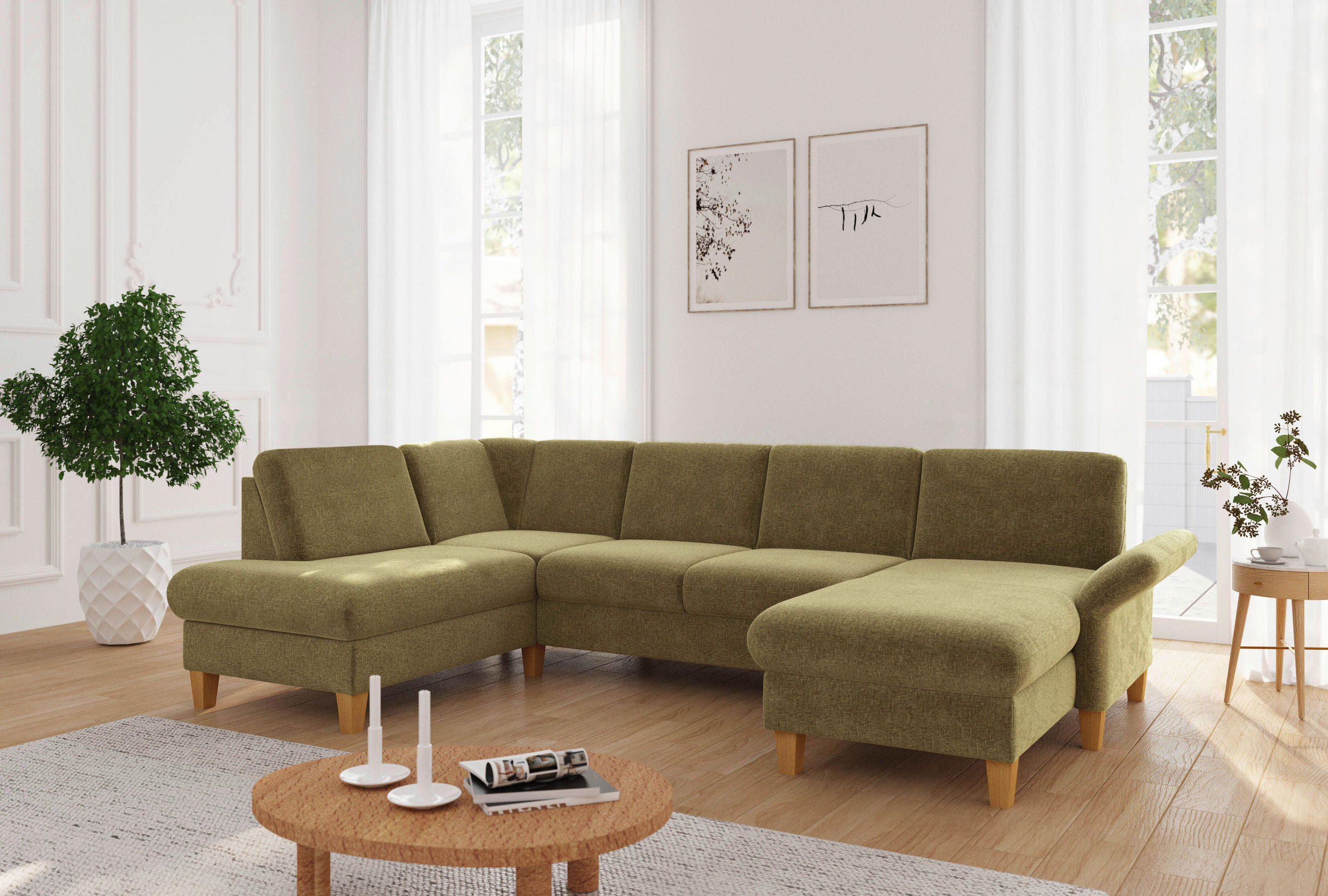 WOHNLANDSCHAFT Olivgrün Flachgewebe  - Eichefarben/Olivgrün, KONVENTIONELL, Holz/Textil (195/314/164cm) - Sit & More