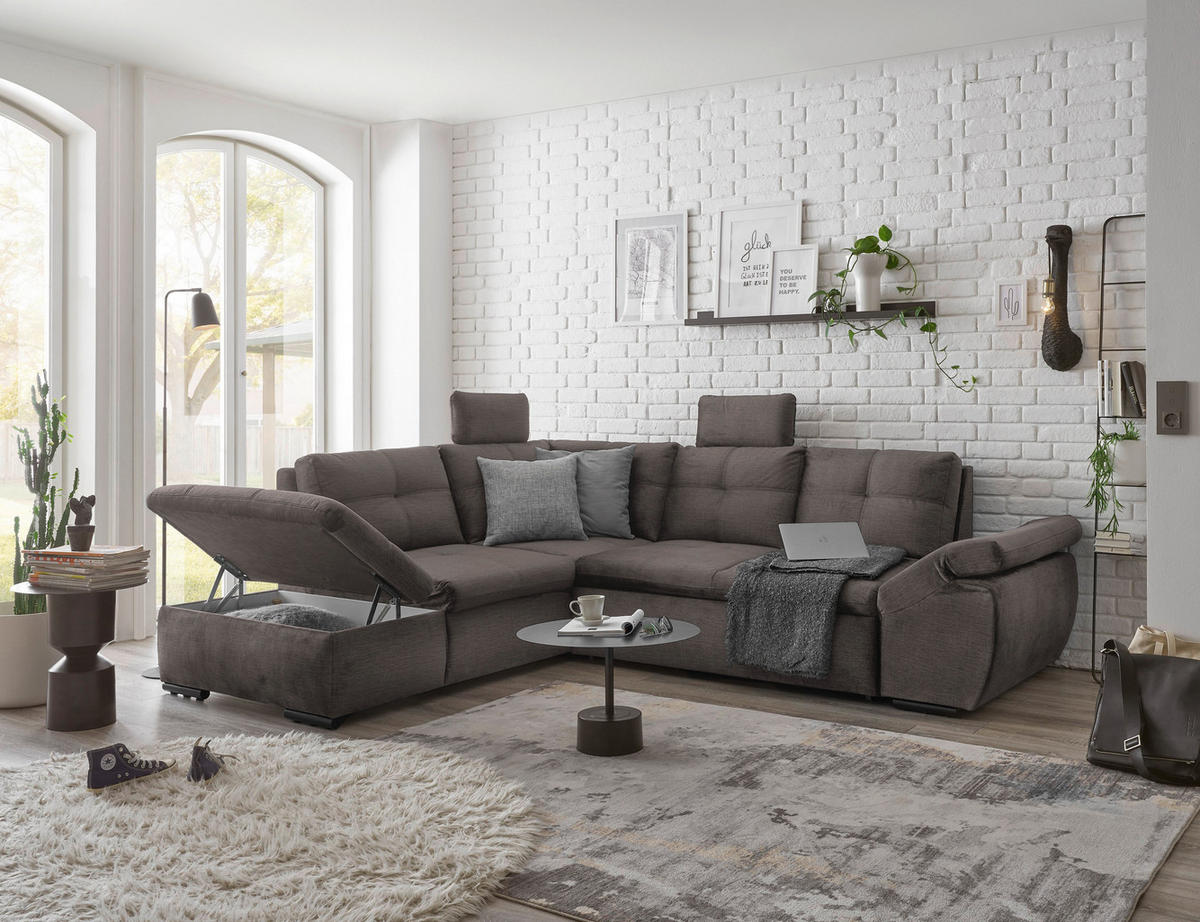 ECKSOFA Graubraun Mikrovelours  - Graubraun/Schwarz, KONVENTIONELL, Kunststoff/Textil (217/265cm) - Carryhome