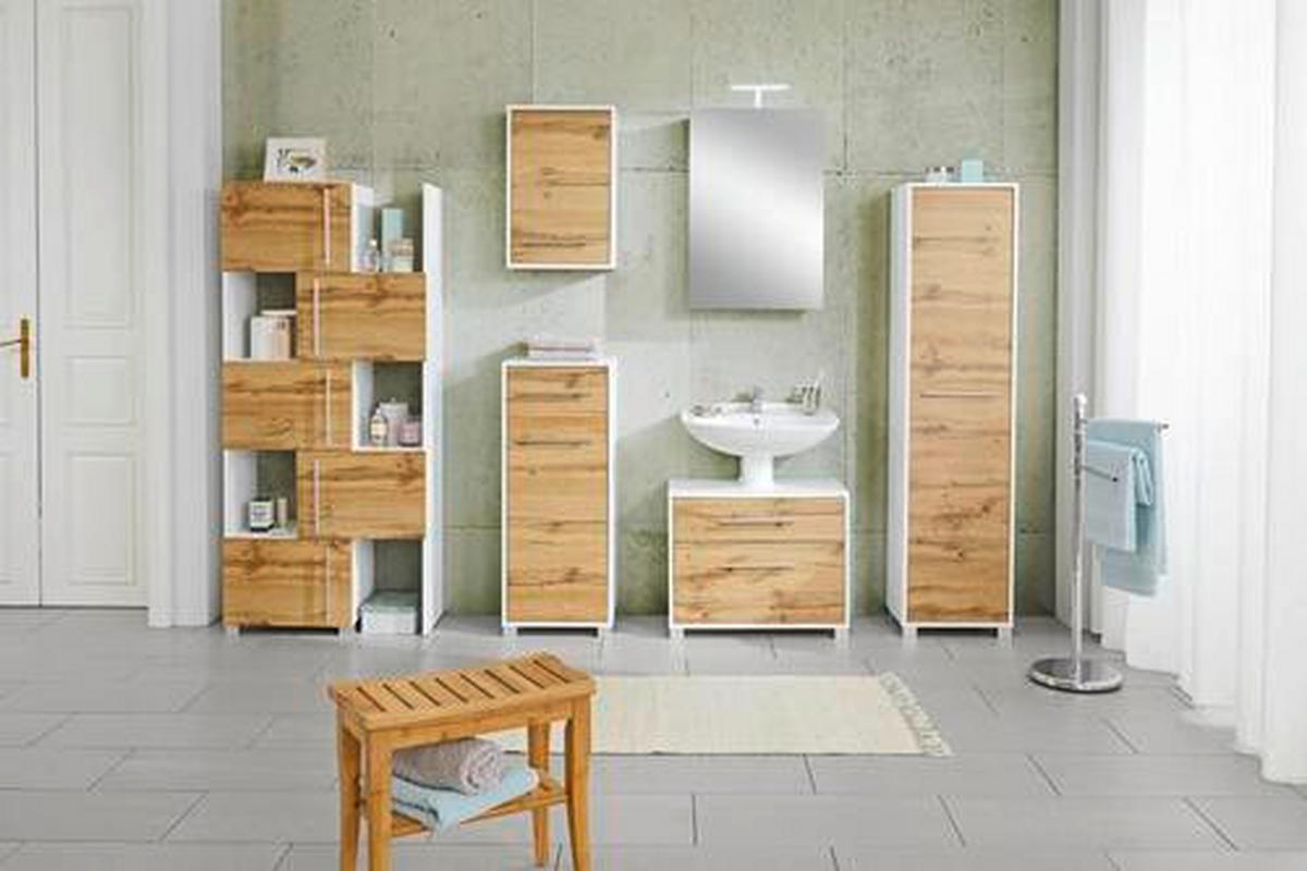 SKŘÍŇKA POD UMYVADLO, barvy dubu, bílá, 65/53/35 cm - bílá/barvy dubu, Moderní, kov/dřevo (65/53/35cm) - Welnova