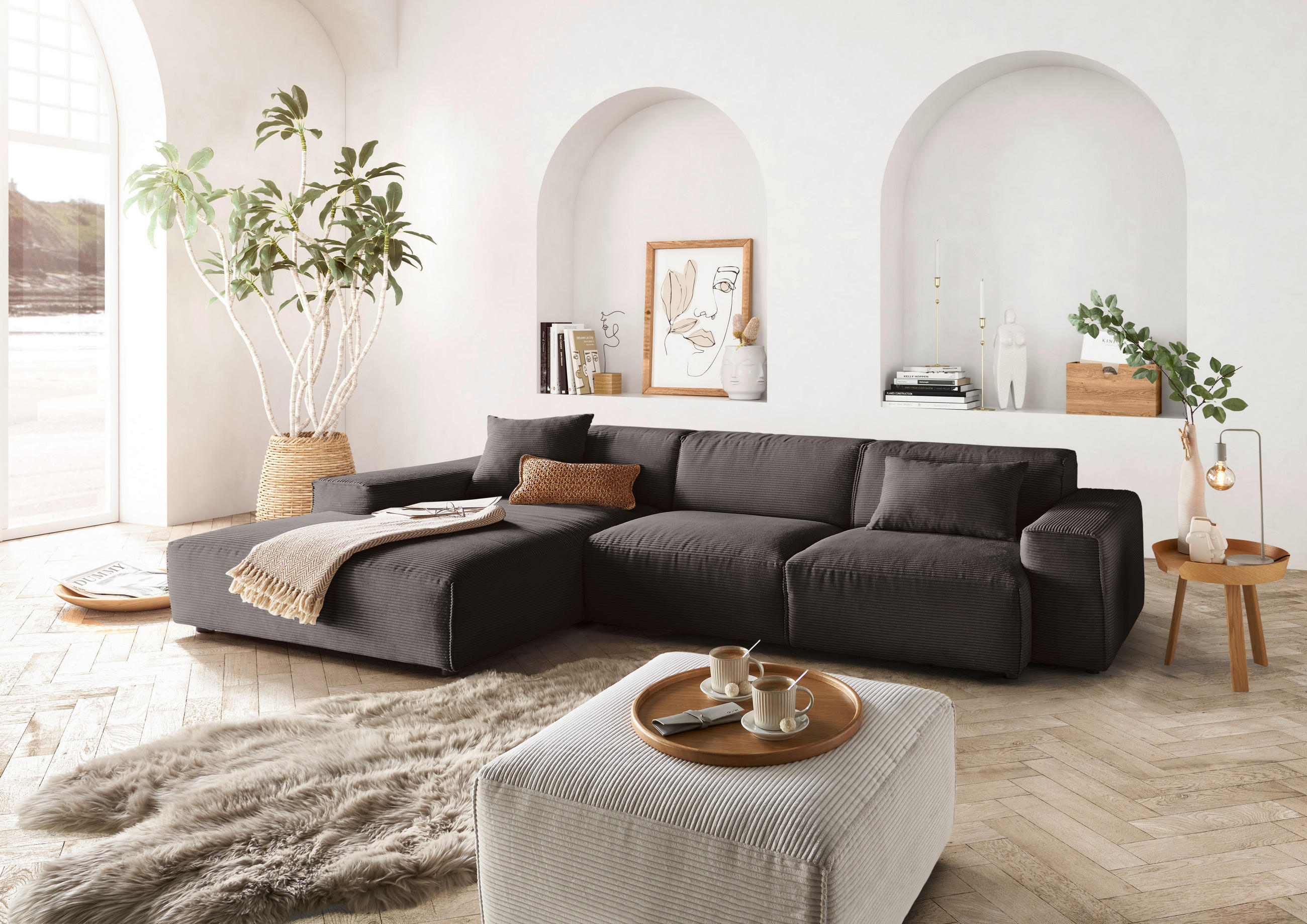 ECKSOFA 9125 Dunkelbraun, Mokka Cord  - Dunkelbraun/Schwarz, Design, Kunststoff/Textil (189/300cm) - Pure Home Lifestyle