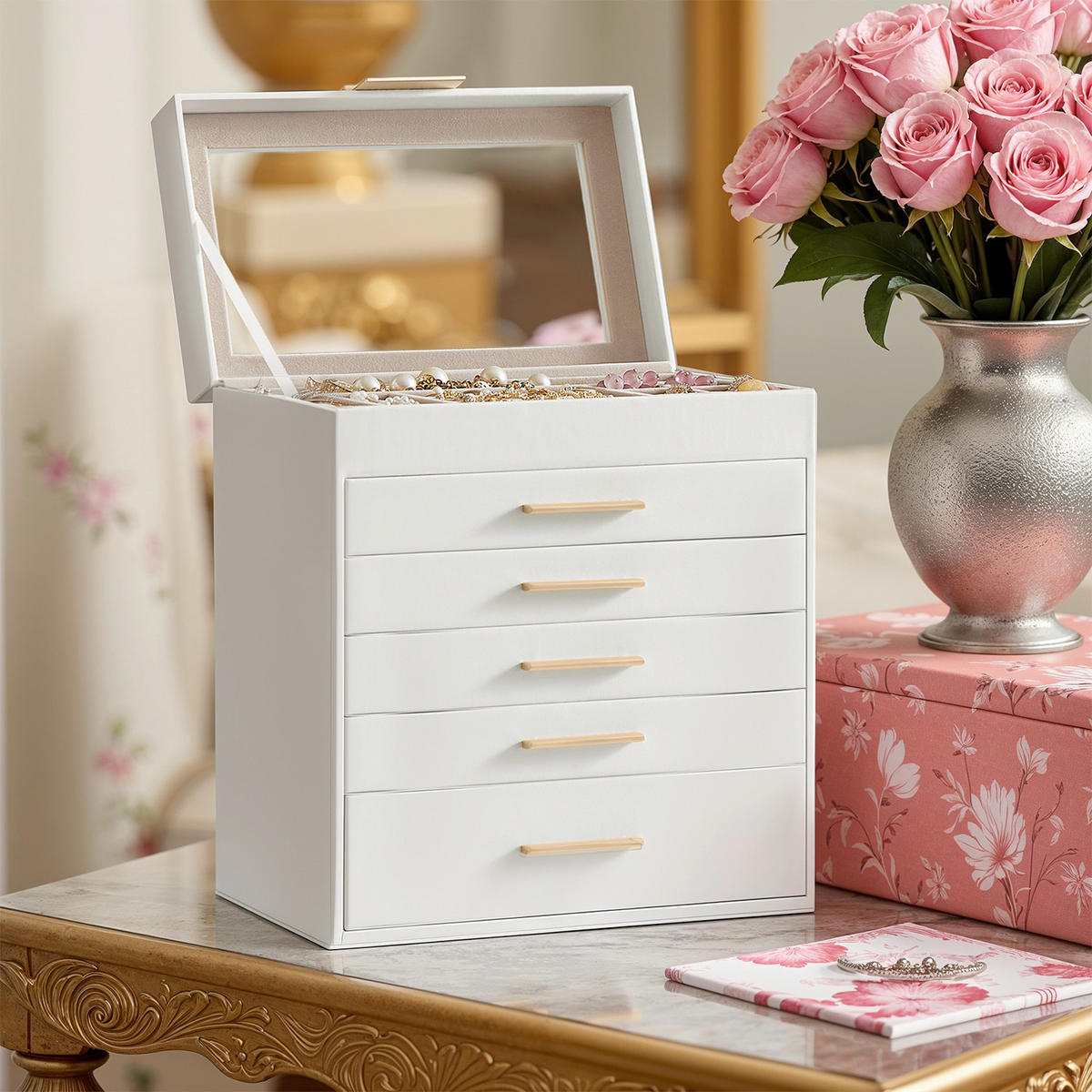 SCHMUCKKÄSTCHEN - Goldfarben/Weiß, Trend, Glas/Holzwerkstoff (25.1/29/16.3cm) - Boxxx