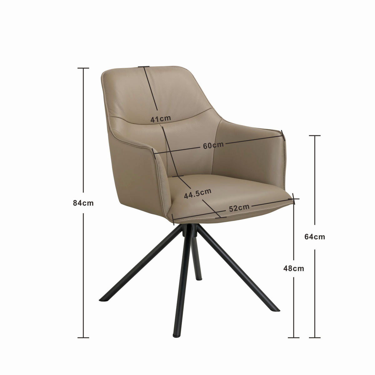 ARMLEHNSTUHL  Sitzfläche 360° drehbar, automatische Rückholfunktion  Echtleder  Schwarz, Taupe  - Taupe/Schwarz, Design, Leder/Metall (60/84/64cm) - Novel