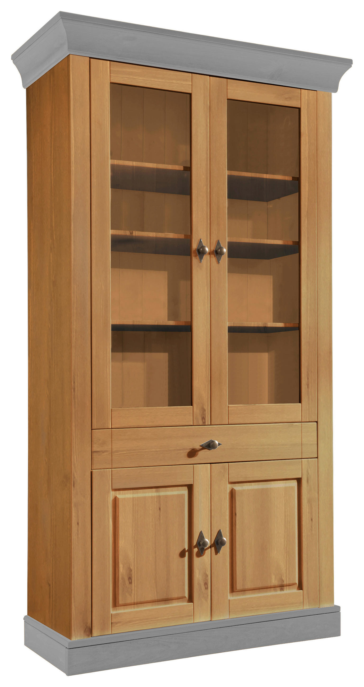VITRINE in massiv Kiefer Grau, Laugenfarbig  - Laugenfarbig/Grau, ROMANTIK / LANDHAUS, Glas/Holz (108/202/45cm) - Boxxx