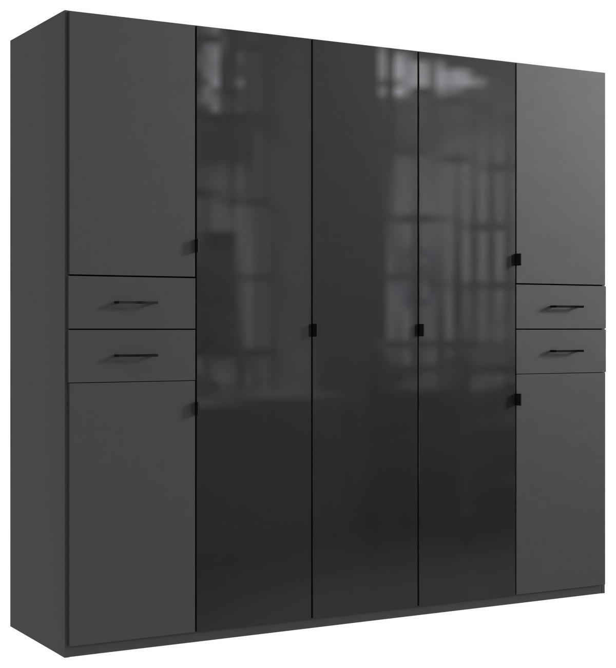 KLEIDERSCHRANK 225/208/58 cm,  in Graphitfarben, Schwarz, 7-türig  - Schwarz/Graphitfarben, KONVENTIONELL, Glas/Holzwerkstoff (225/208/58cm) - Boxxx