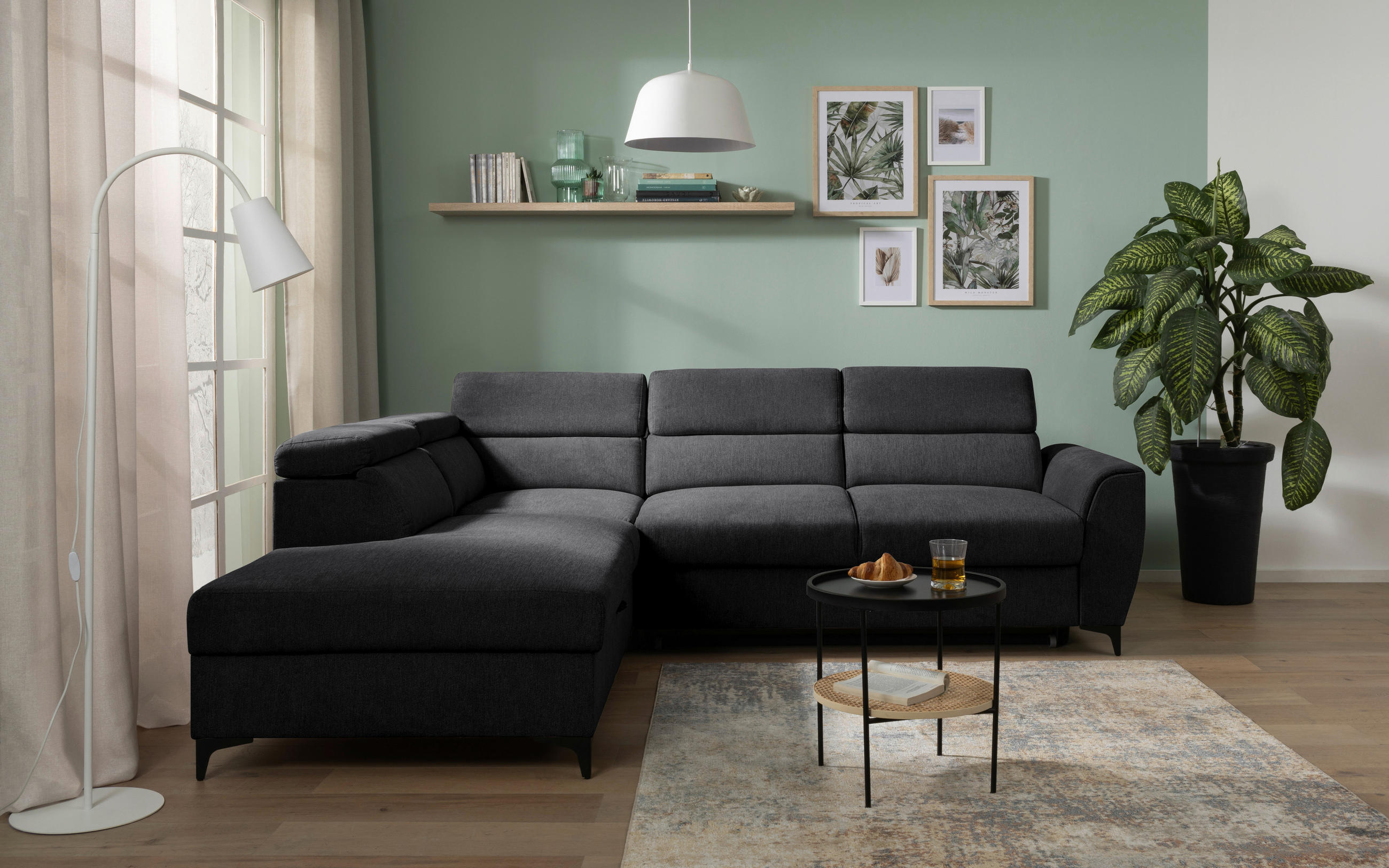 ECKSOFA Schwarz Velours  - Schwarz, KONVENTIONELL, Textil/Metall (217/255cm) - Carryhome