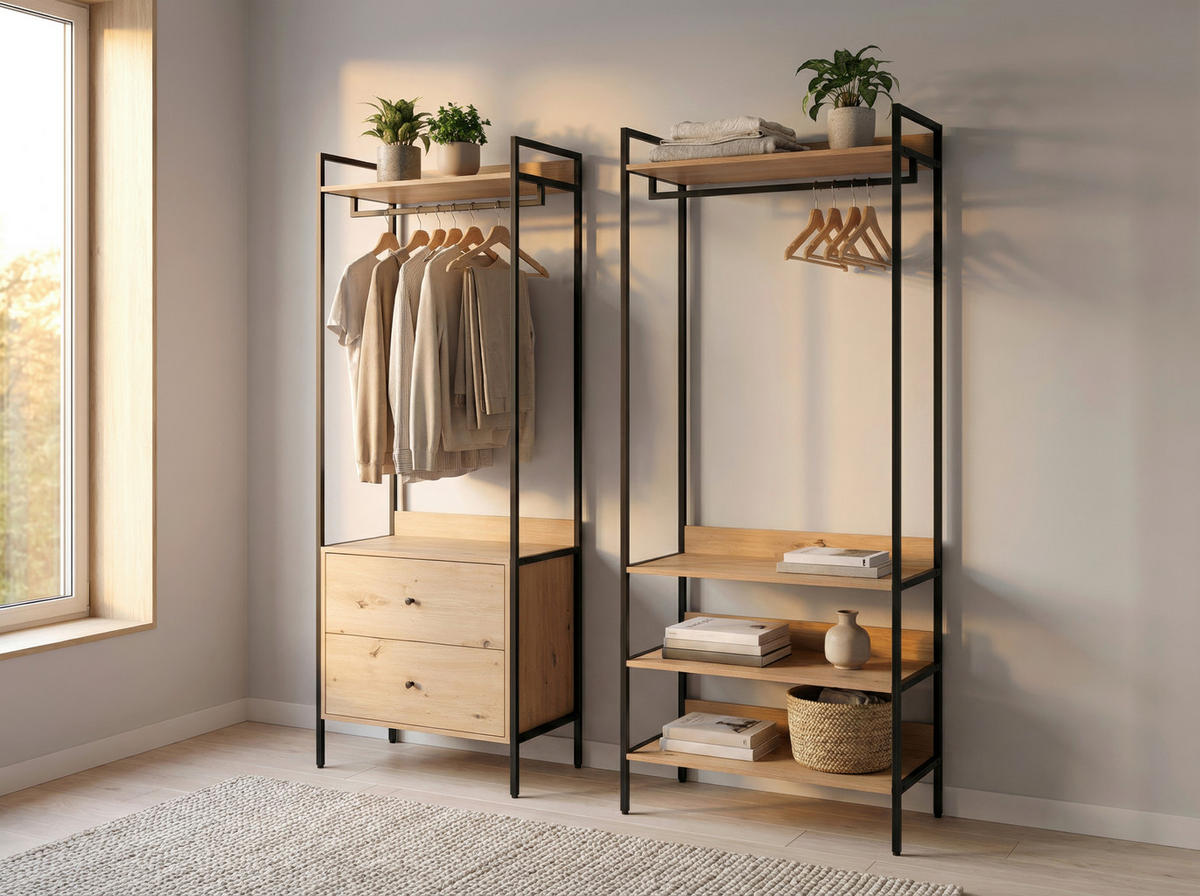 Garderobe Dhaka  in 84/190/40 cm  - Eichefarben/Schwarz, MODERN, Holzwerkstoff/Metall (84/190/40cm) - Livetastic