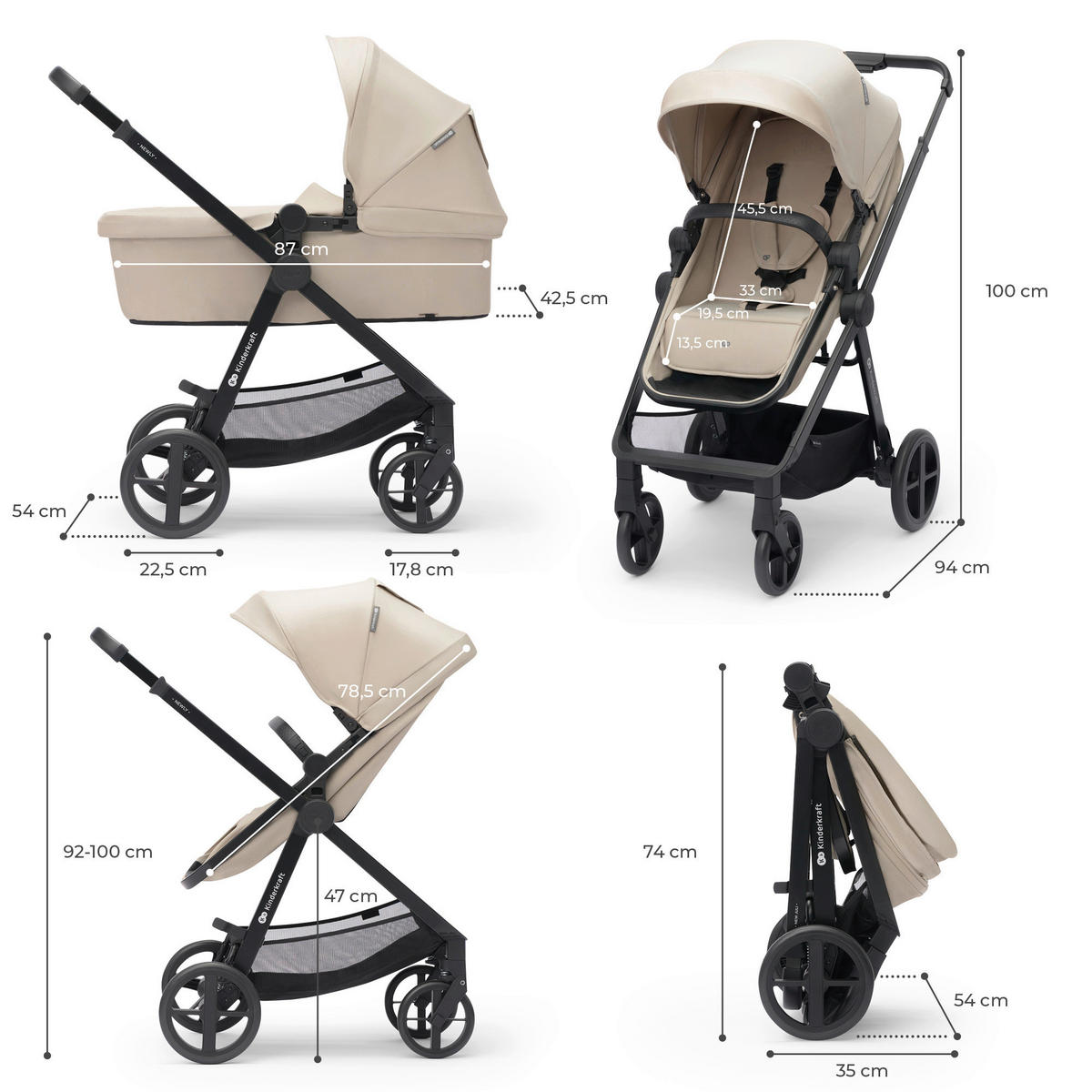 KINDERWAGENSET Newly 4 in 1  - Beige/Schwarz, Basics, Metall (54/100/94cm) - kinderkraft