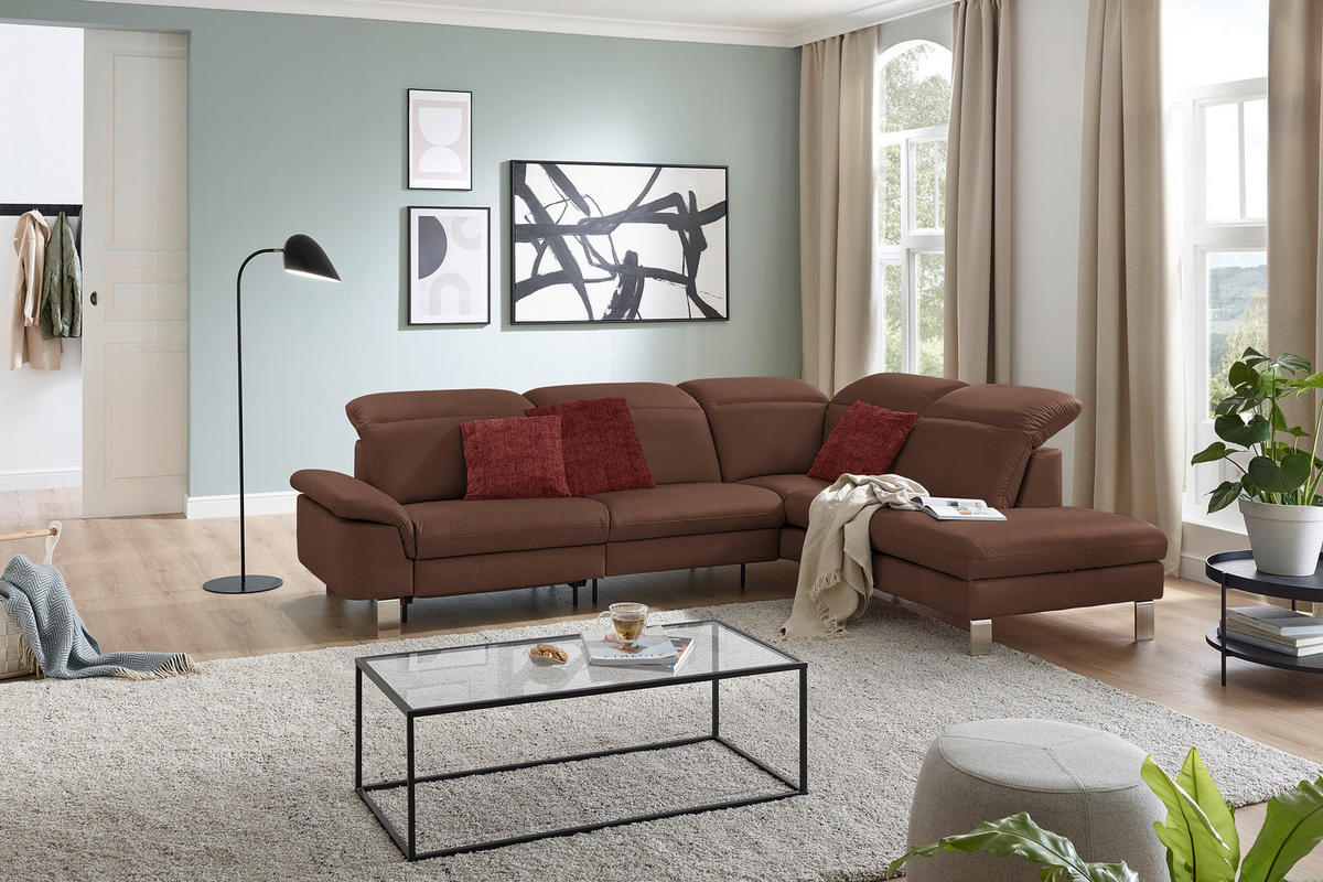 ECKSOFA in Echtleder Braun  309/233 cm  - Edelstahlfarben/Braun, Design, Leder/Metall (309/233cm) - Dieter Knoll