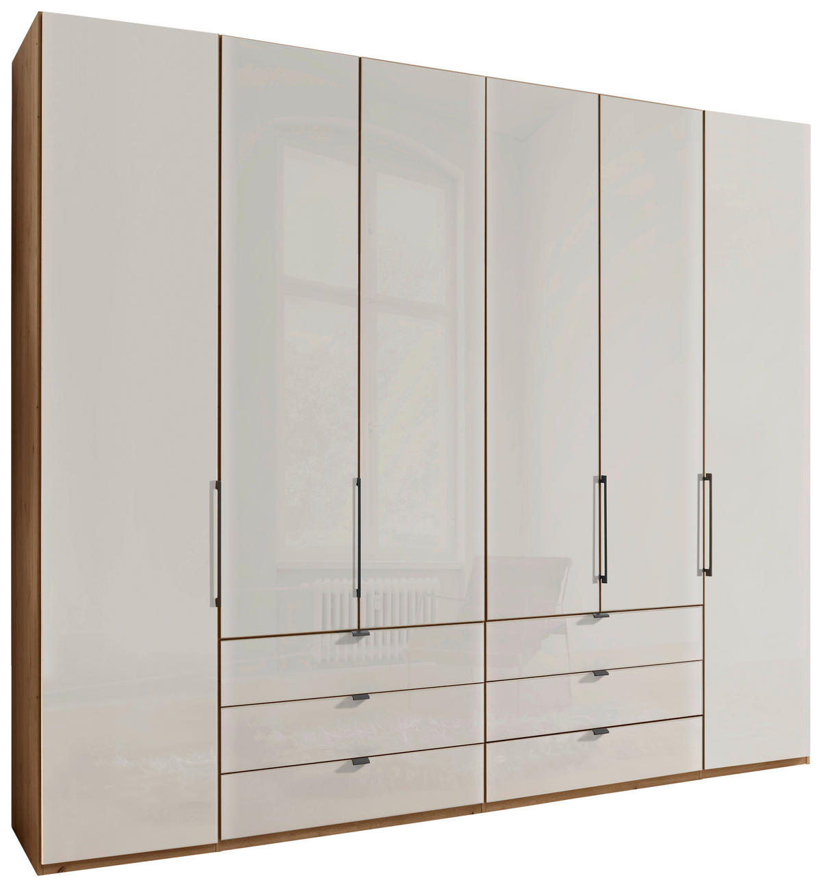 FALTTÜRENSCHRANK 250/216/58 cm 4-türig Champagner, Eiche Bianco  - Schieferfarben/Eiche Bianco, KONVENTIONELL, Glas/Holzwerkstoff (250/216/58cm) - Dieter Knoll