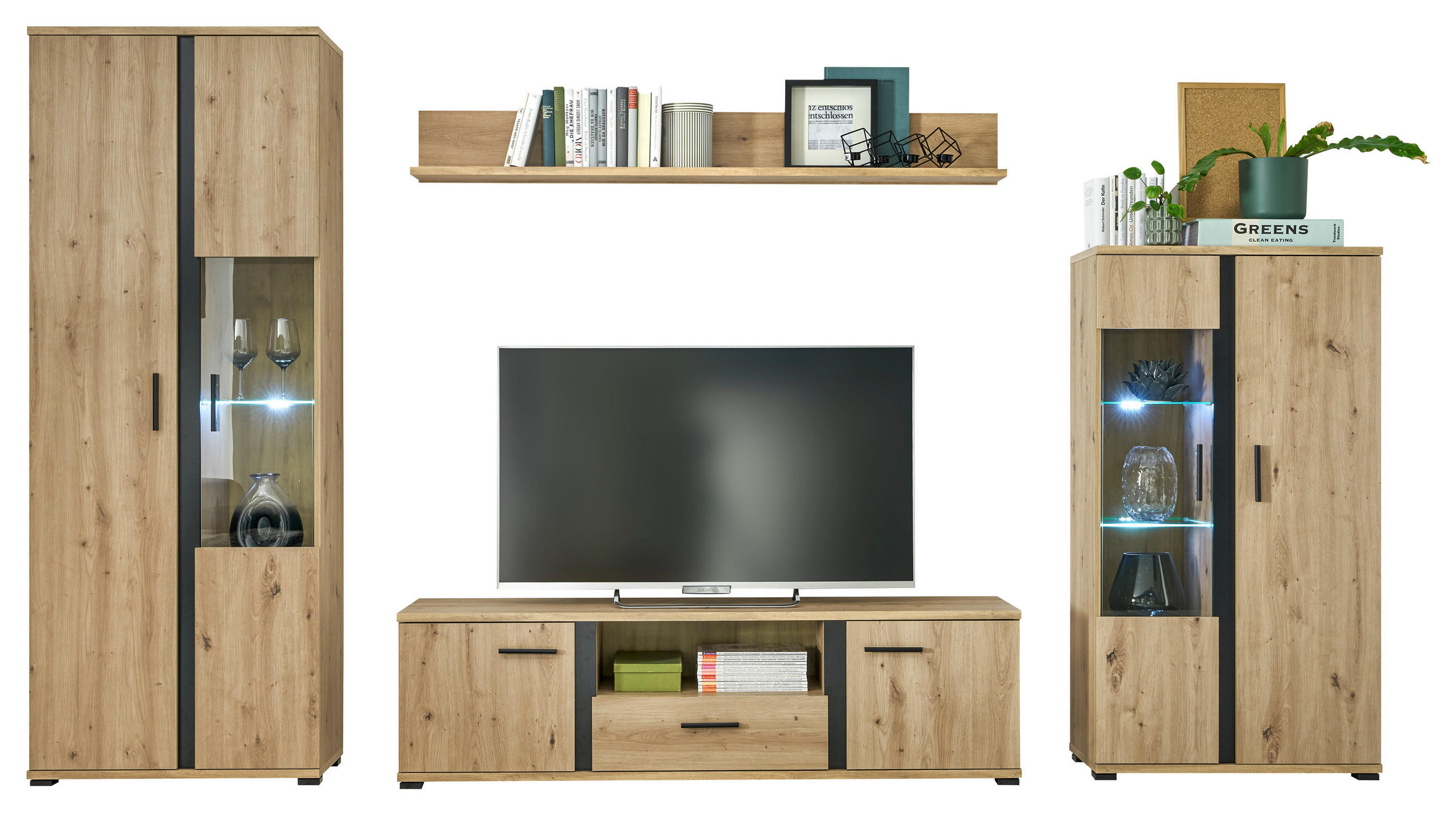 WOHNWAND  in Schwarz, Eichefarben   - Eichefarben/Anthrazit, Design, Glas/Holzwerkstoff - MID.YOU