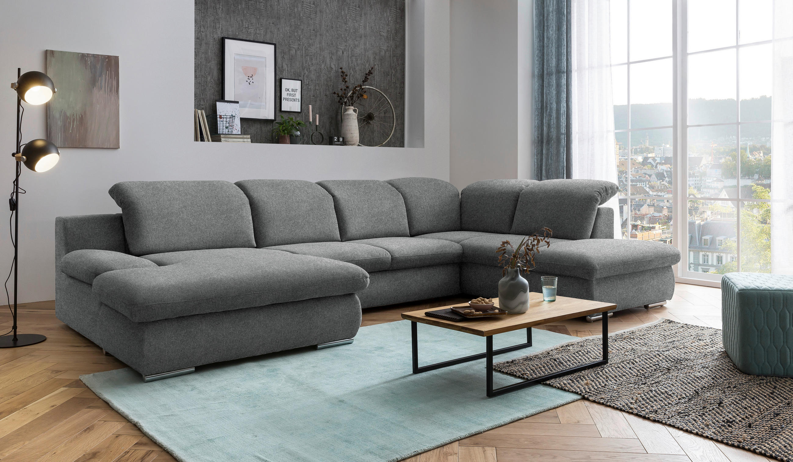 WOHNLANDSCHAFT Dunkelgrau Chenille  - Chromfarben/Dunkelgrau, Design, Textil/Metall (165/353/212cm) - Livetastic