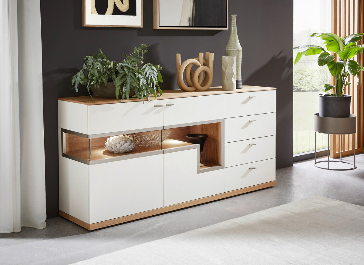 SIDEBOARD  in 180,3/83,9/42,4 cm  - Wildeiche/Edelstahlfarben, Design, Glas/Holzwerkstoff (180,3/83,9/42,4cm) - Dieter Knoll
