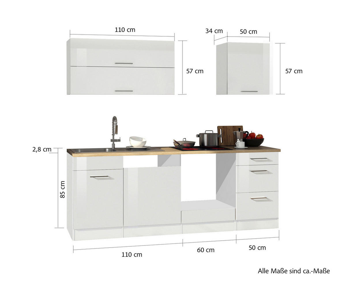 KÜCHENLEERBLOCK 220 cm   in Weiß Hochglanz  - Weiß Hochglanz/Silberfarben, MODERN, Glas/Holzwerkstoff (220cm) - Held