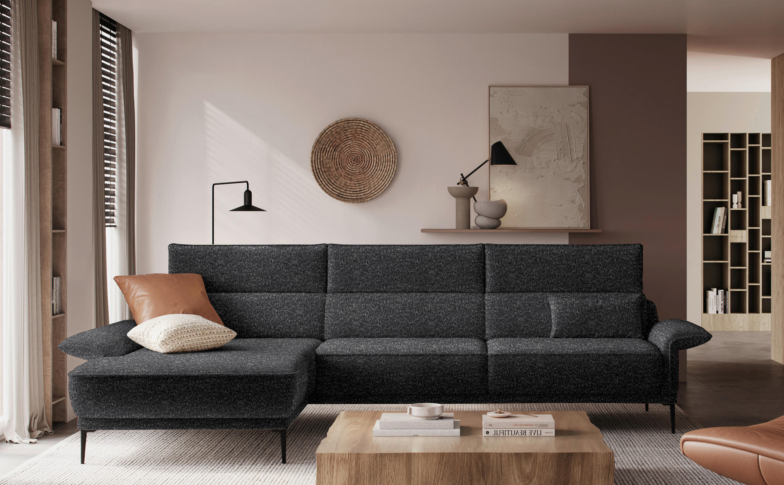 ECKSOFA in Bouclé Anthrazit  - Anthrazit/Schwarz, Modern, Textil/Metall (186/330cm) - Johann Jakob