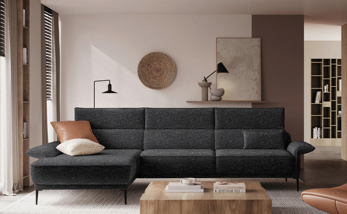 ECKSOFA in Bouclé Anthrazit  - Anthrazit/Schwarz, Modern, Textil/Metall (186/330cm) - Johann Jakob