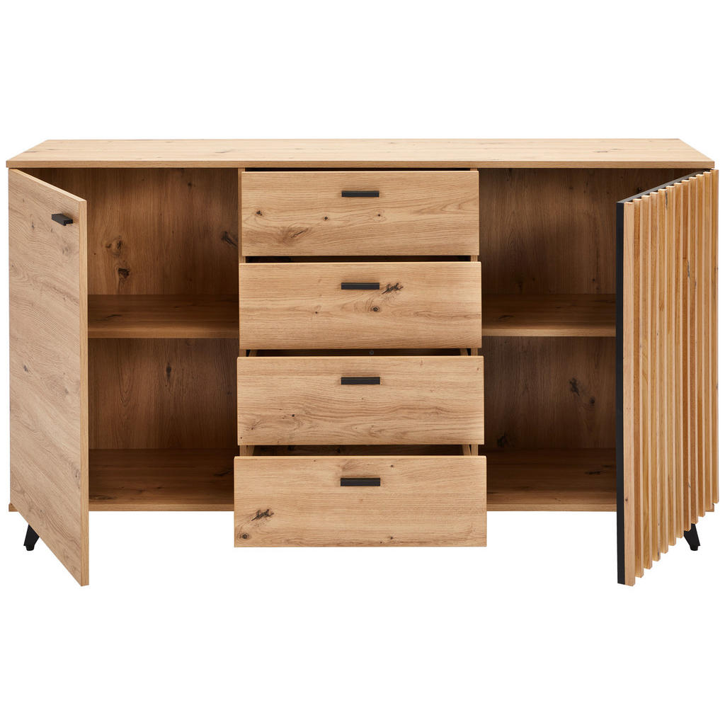 Thumbnail - Mid.you Sideboard Oslo, Schwarz, Eiche, Metall, 2 Fächer, 4 Schublade(n) Schubladen, 154x86x40 cm, Bsci, Wohnzimmer, Kom...